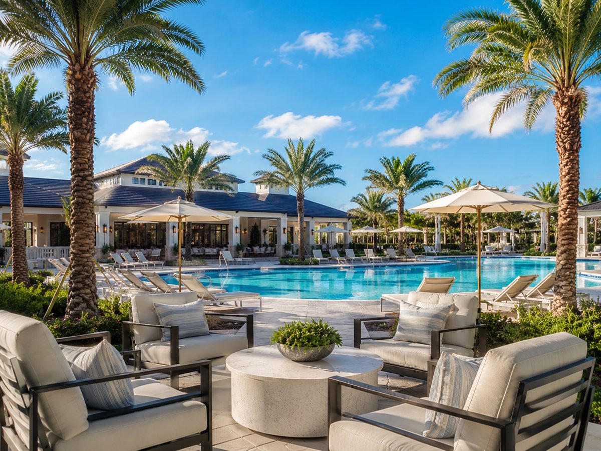 Piscina estilo resort y sala de estar al aire libre junto a una casa club