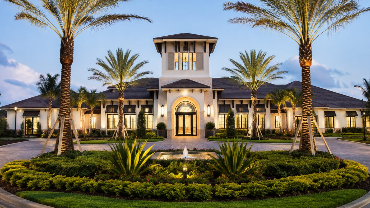 Casa club rodeada de palmeras y jardines en Valencia Trails, Naples, Florida