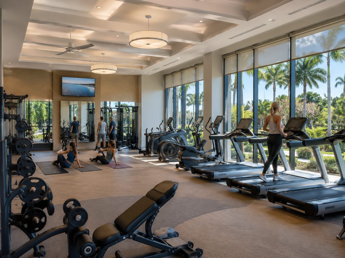 Gimnasio comunitario moderno con equipo de cardio y ventanales del piso al techo