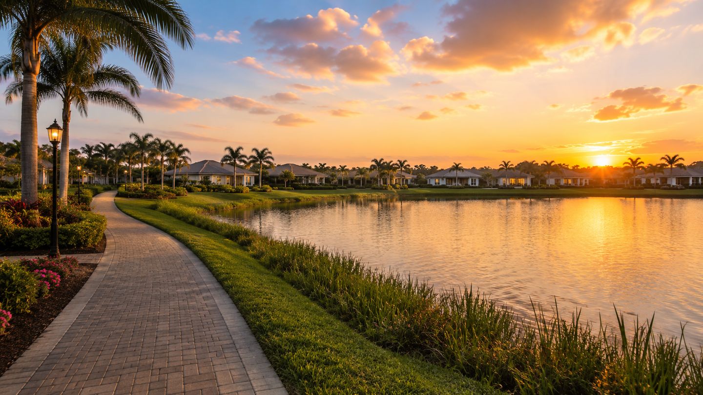 Atardecer dorado sobre el lago y las palmeras de Valencia Trails, la comunidad para adultos de 55 a&ntilde;os o m&aacute;s en Naples, Florida