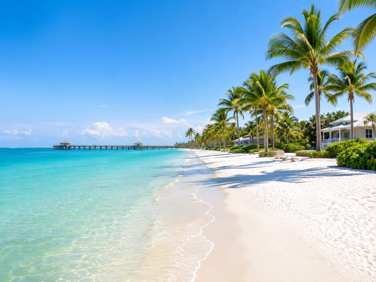 Playa de la costa del Golfo en Naples, Florida, con agua turquesa y palmeras