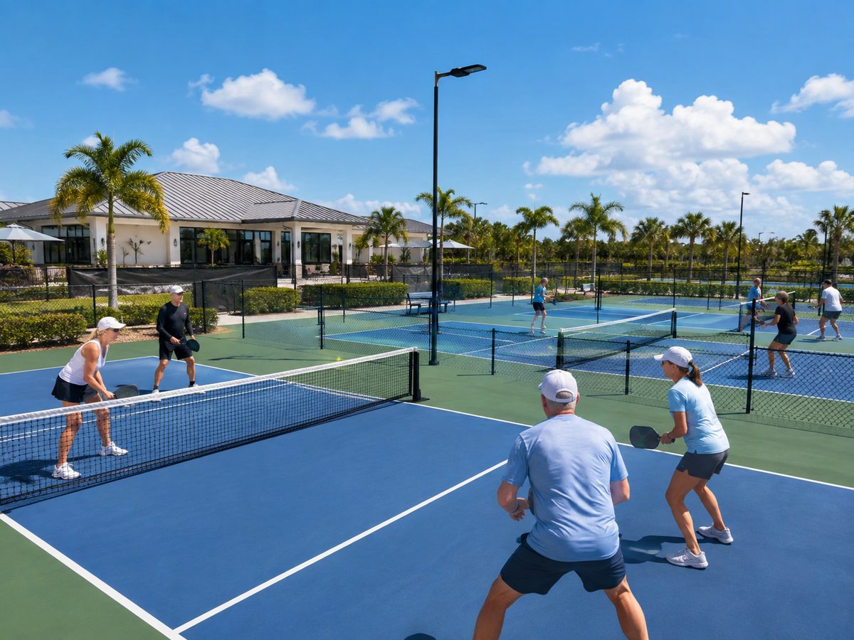 Residentes jugando pickleball en las canchas al aire libre en un d&iacute;a soleado