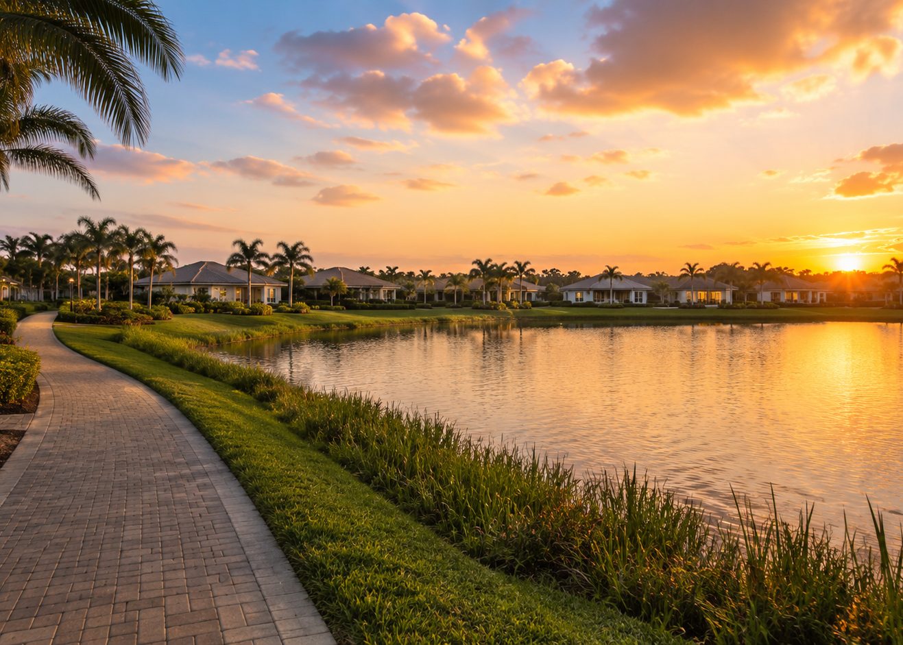 Casas frente al lago reflejadas en el agua al atardecer en una comunidad de Naples