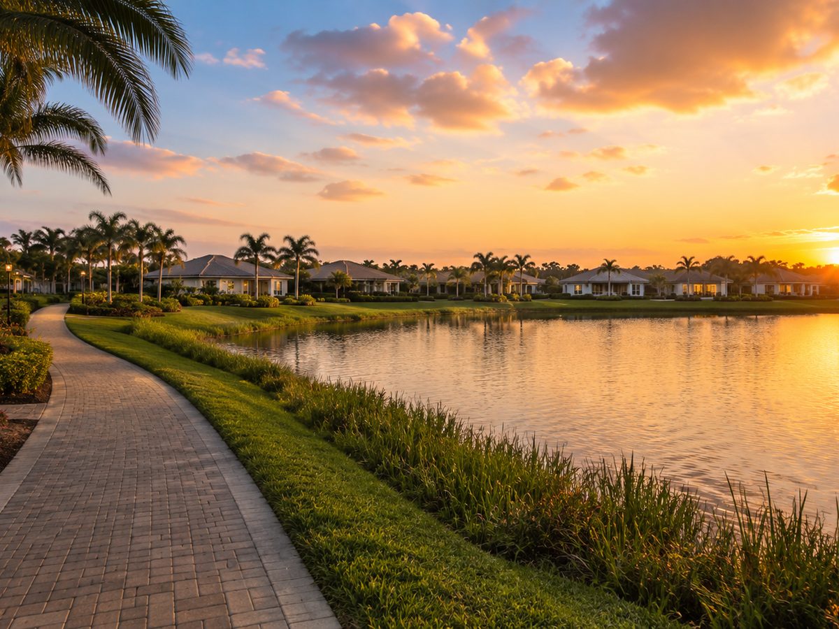 Sendero junto al lago al atardecer en una comunidad de Naples, Florida